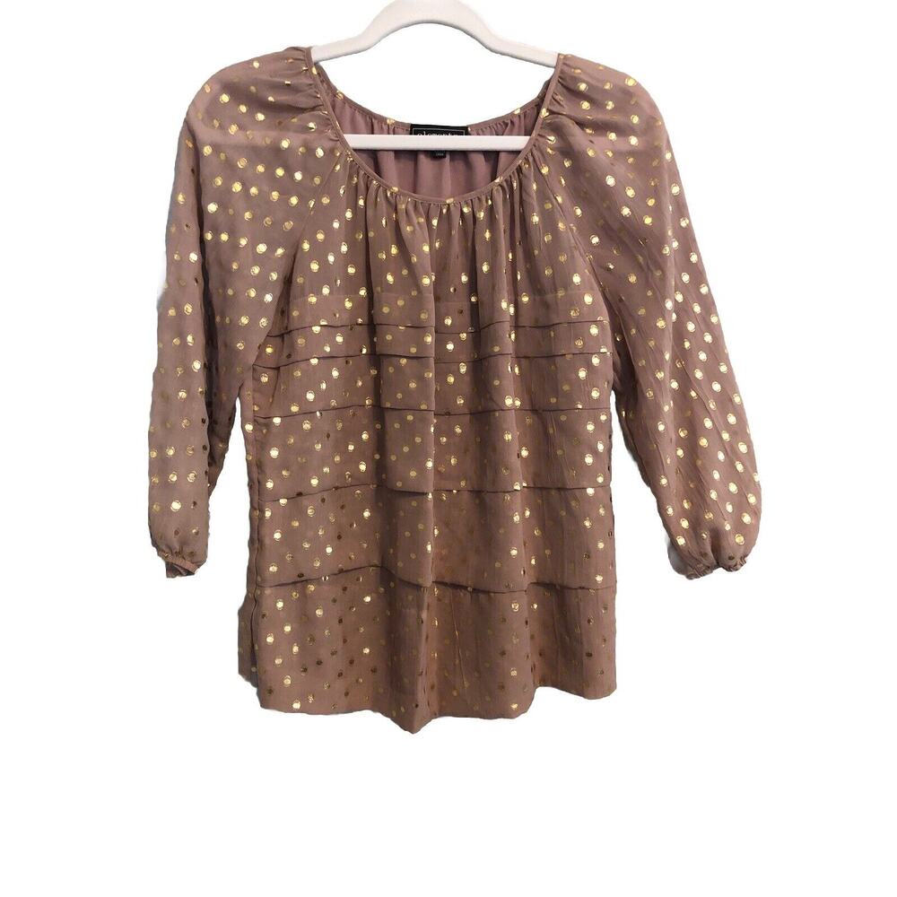 Elementz Womens Top Small Blouse 3/4 Sleeve Sheer Beige Polka Dots Lagenlook